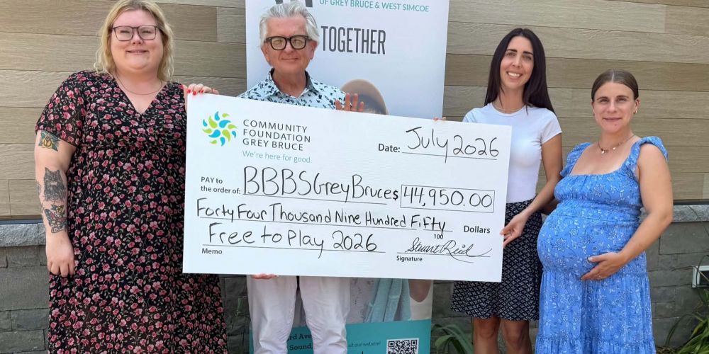Pictured (left to right): Kristy Andre, Grants Coordinator, Community Foundation Grey Bruce; Stuart Reid, Executive Director, Community Foundation Grey Bruce; Beth Aubrey, Executive Director, Big Brothers Big Sisters of Grey Bruce and West Simcoe; an
